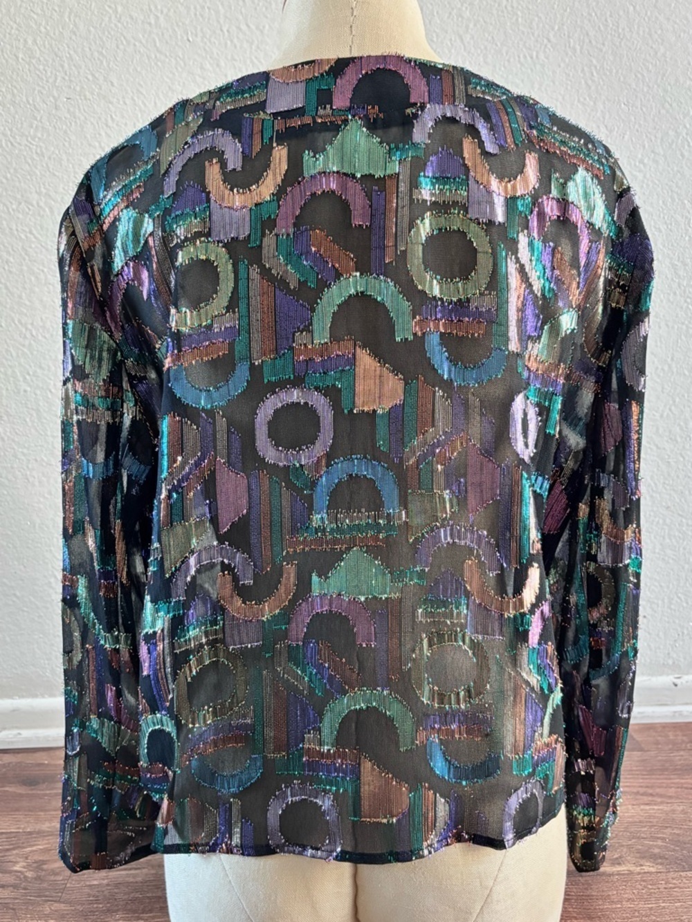 80s VTG A.C. Sport Multicolor Retro Short/Cropped Metallic Sheer Jacket Blouse - Picture 10 of 10